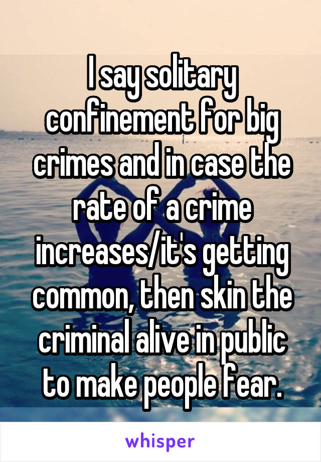 I say solitary confinement for big crimes and in case the rate of a crime increases/it's getting common, then skin the criminal alive in public to make people fear.