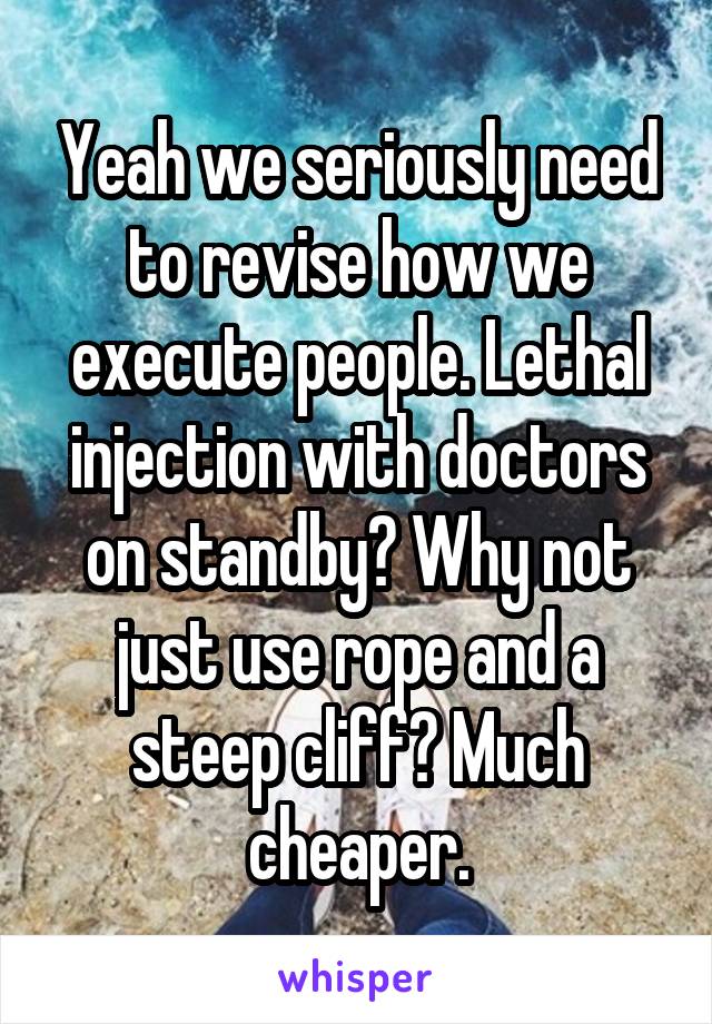 Yeah we seriously need to revise how we execute people. Lethal injection with doctors on standby? Why not just use rope and a steep cliff? Much cheaper.