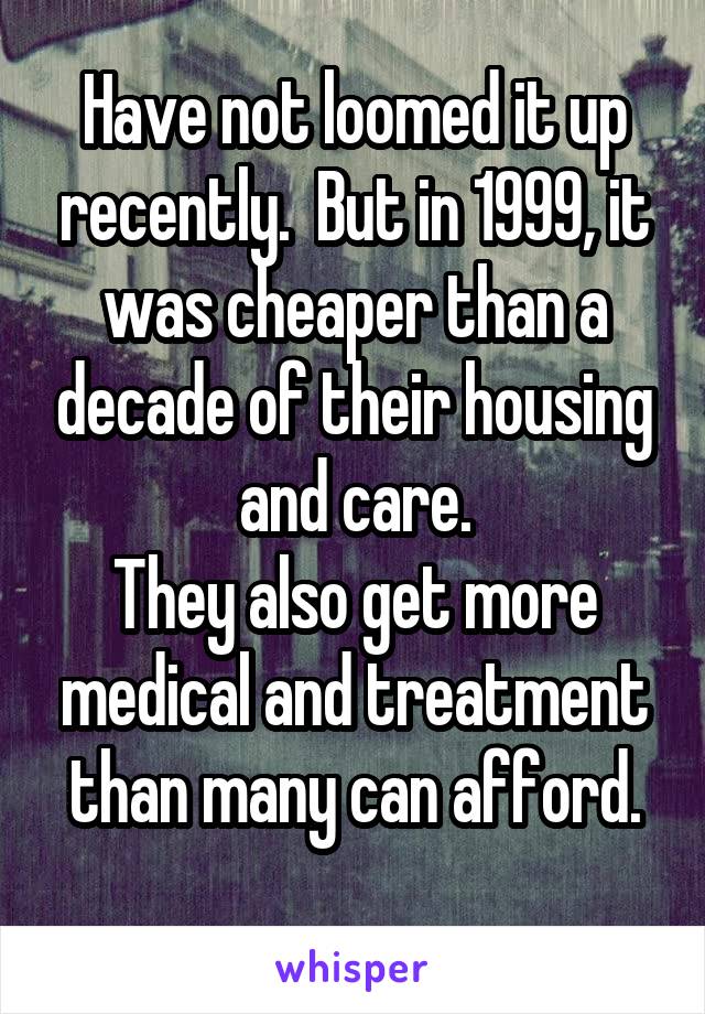 Have not loomed it up recently.  But in 1999, it was cheaper than a decade of their housing and care.
They also get more medical and treatment than many can afford.
