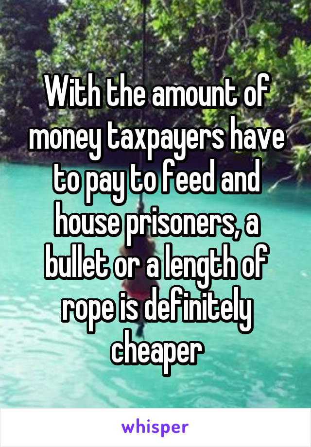 With the amount of money taxpayers have to pay to feed and house prisoners, a bullet or a length of rope is definitely cheaper