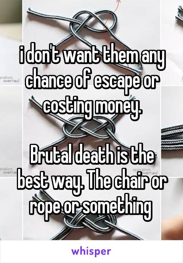 i don't want them any chance of escape or costing money.

Brutal death is the best way. The chair or rope or something 