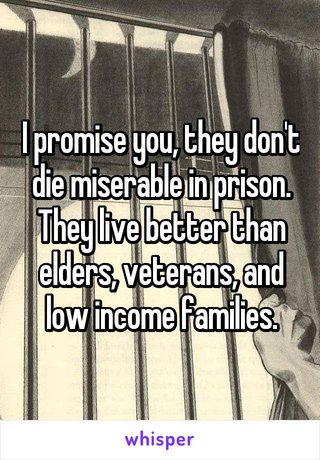 I promise you, they don't die miserable in prison. They live better than elders, veterans, and low income families.