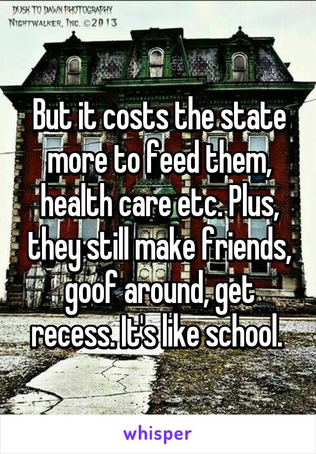 But it costs the state more to feed them, health care etc. Plus, they still make friends, goof around, get recess. It's like school. 