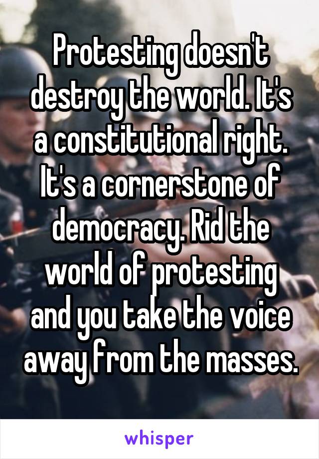 Protesting doesn't destroy the world. It's a constitutional right. It's a cornerstone of democracy. Rid the world of protesting and you take the voice away from the masses. 