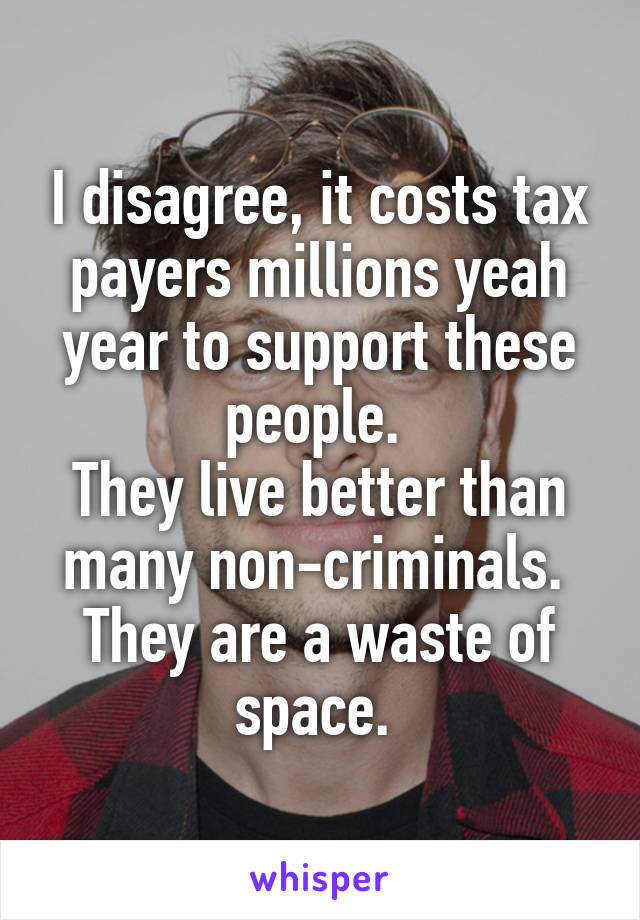 I disagree, it costs tax payers millions yeah year to support these people. 
They live better than many non-criminals. 
They are a waste of space. 