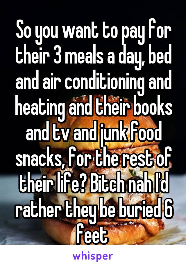 So you want to pay for their 3 meals a day, bed and air conditioning and heating and their books and tv and junk food snacks, for the rest of their life? Bitch nah I'd rather they be buried 6 feet 