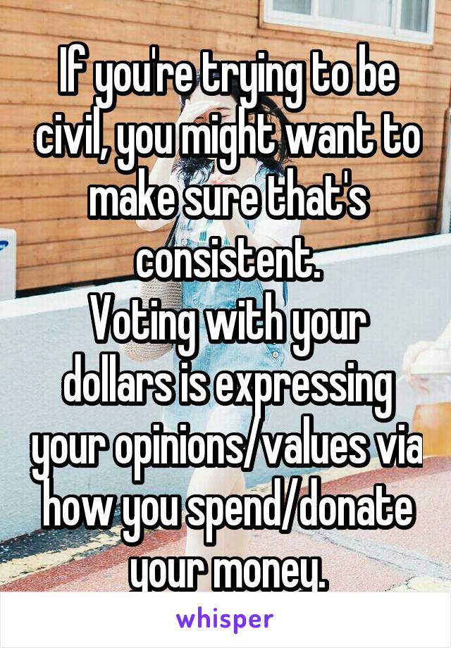 If you're trying to be civil, you might want to make sure that's consistent.
Voting with your dollars is expressing your opinions/values via how you spend/donate your money.