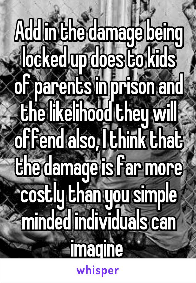 Add in the damage being locked up does to kids of parents in prison and the likelihood they will offend also, I think that the damage is far more costly than you simple minded individuals can imagine 