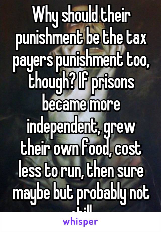 Why should their punishment be the tax payers punishment too, though? If prisons became more independent, grew their own food, cost less to run, then sure maybe but probably not still