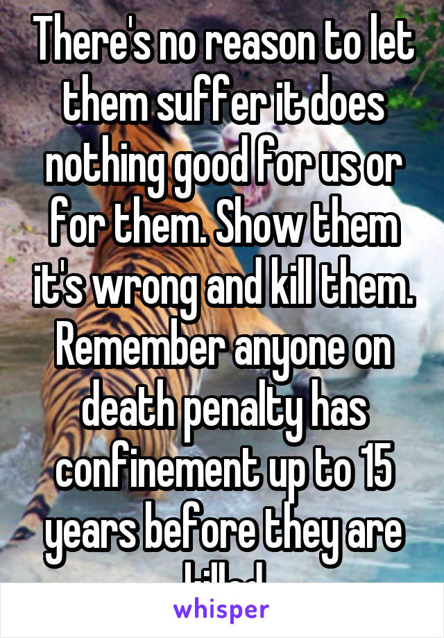 There's no reason to let them suffer it does nothing good for us or for them. Show them it's wrong and kill them. Remember anyone on death penalty has confinement up to 15 years before they are killed