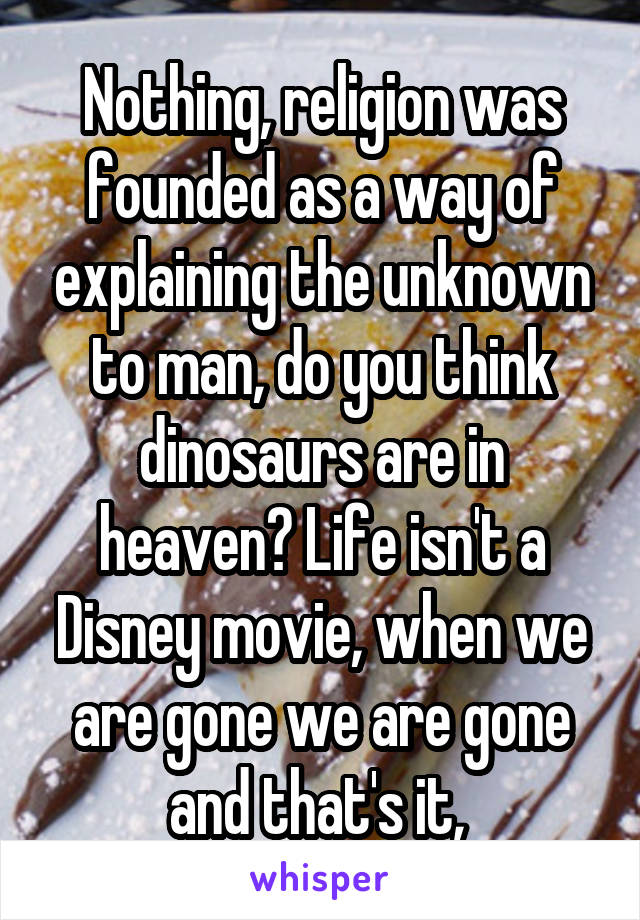 Nothing, religion was founded as a way of explaining the unknown to man, do you think dinosaurs are in heaven? Life isn't a Disney movie, when we are gone we are gone and that's it, 