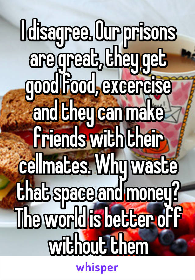 I disagree. Our prisons are great, they get good food, excercise and they can make friends with their cellmates. Why waste that space and money? The world is better off without them