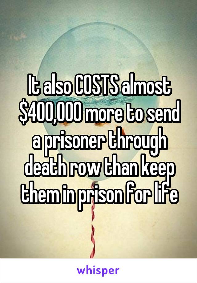 It also COSTS almost $400,000 more to send a prisoner through death row than keep them in prison for life