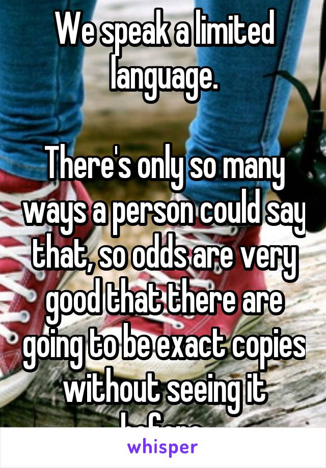 We speak a limited language.

There's only so many ways a person could say that, so odds are very good that there are going to be exact copies without seeing it before.