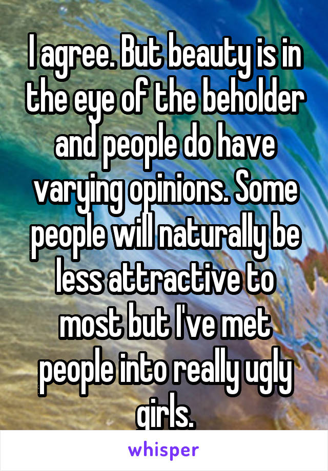 I agree. But beauty is in the eye of the beholder and people do have varying opinions. Some people will naturally be less attractive to most but I've met people into really ugly girls.