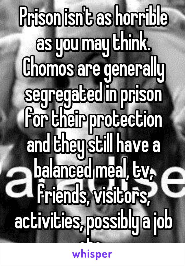 Prison isn't as horrible as you may think. Chomos are generally segregated in prison for their protection and they still have a balanced meal, tv, friends, visitors, activities, possibly a job etc. 