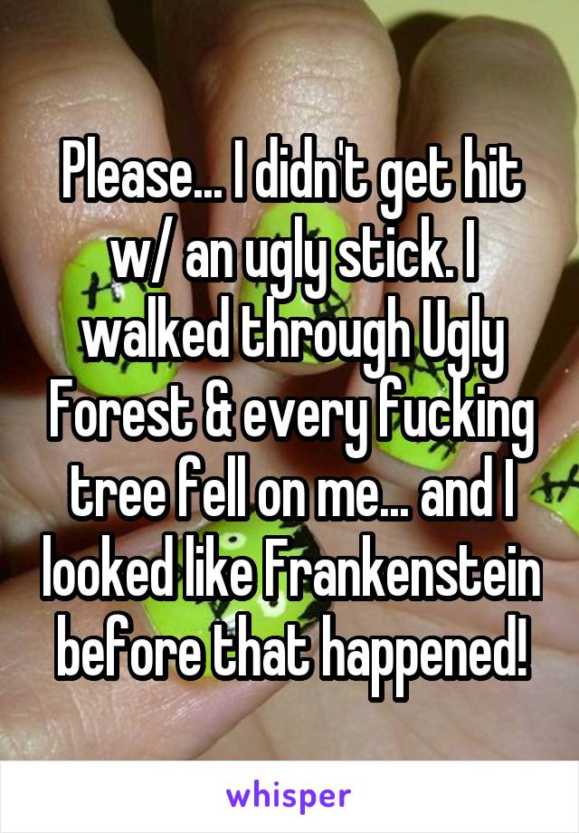 Please... I didn't get hit w/ an ugly stick. I walked through Ugly Forest & every fucking tree fell on me... and I looked like Frankenstein before that happened!