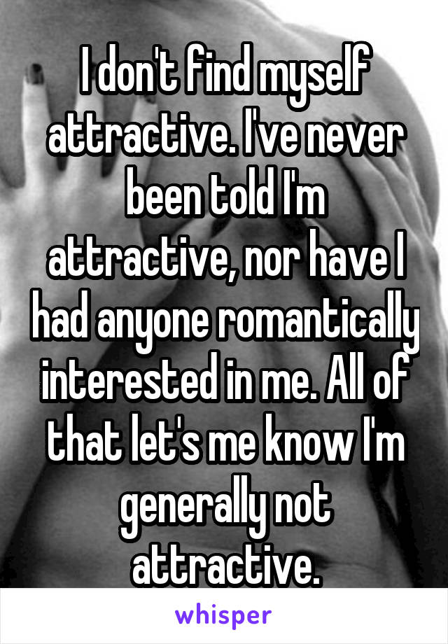 I don't find myself attractive. I've never been told I'm attractive, nor have I had anyone romantically interested in me. All of that let's me know I'm generally not attractive.