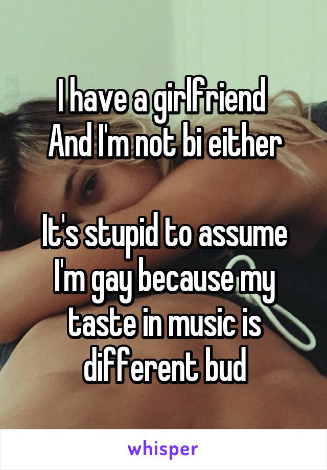 I have a girlfriend 
And I'm not bi either

It's stupid to assume I'm gay because my taste in music is different bud