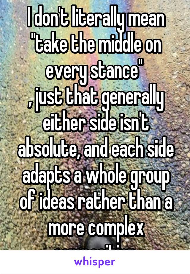 I don't literally mean "take the middle on every stance" 
, just that generally either side isn't absolute, and each side adapts a whole group of ideas rather than a more complex composition.