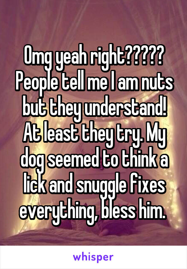 Omg yeah right????? People tell me I am nuts but they understand! At least they try. My dog seemed to think a lick and snuggle fixes everything, bless him. 