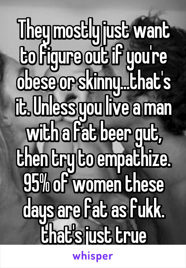 They mostly just want to figure out if you're obese or skinny...that's it. Unless you live a man with a fat beer gut, then try to empathize. 95% of women these days are fat as fukk. that's just true