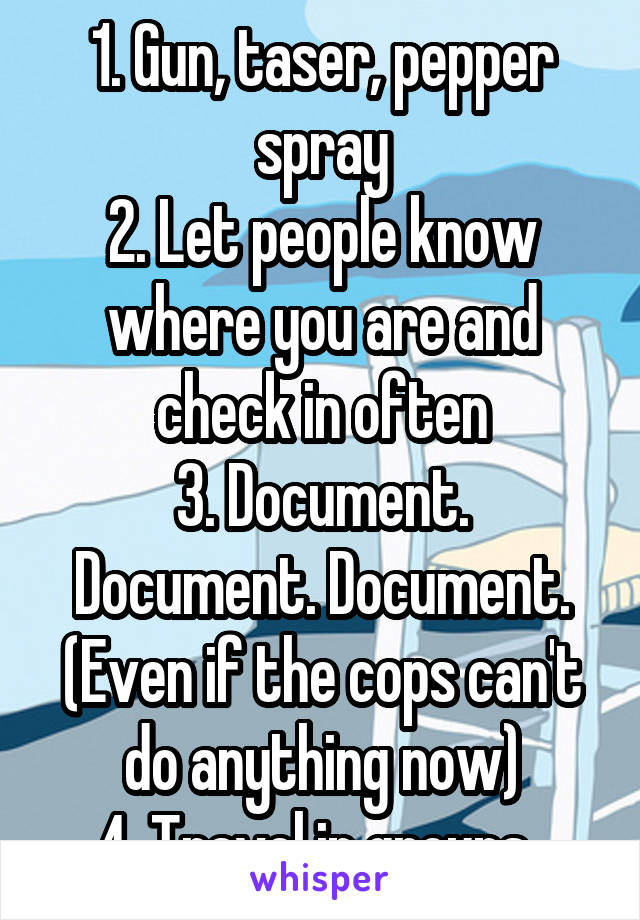 1. Gun, taser, pepper spray
2. Let people know where you are and check in often
3. Document. Document. Document. (Even if the cops can't do anything now)
4. Travel in groups. 