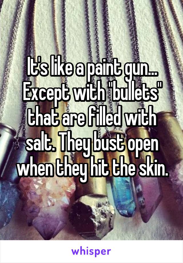 It's like a paint gun... Except with "bullets" that are filled with salt. They bust open when they hit the skin.
