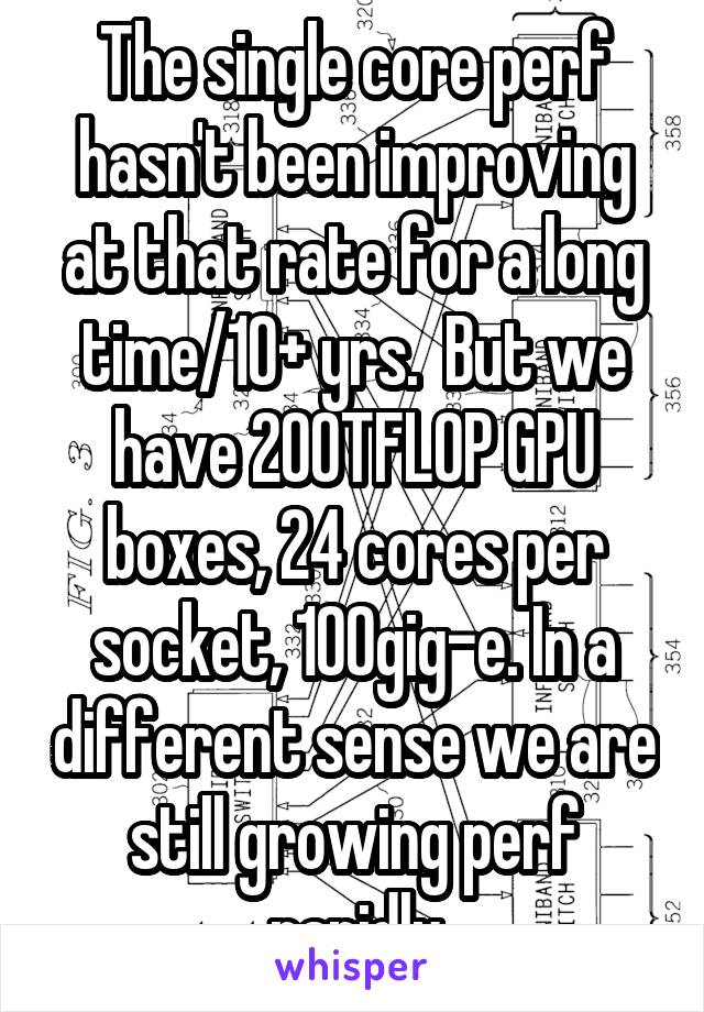 The single core perf hasn't been improving at that rate for a long time/10+ yrs.  But we have 200TFLOP GPU boxes, 24 cores per socket, 100gig-e. In a different sense we are still growing perf rapidly