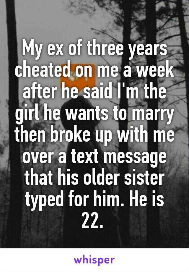 My ex of three years cheated on me a week after he said I'm the girl he wants to marry then broke up with me over a text message that his older sister typed for him. He is 22. 