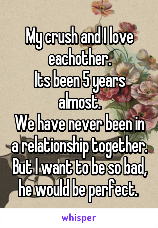 My crush and I love eachother.
Its been 5 years almost.
We have never been in a relationship together. But I want to be so bad, he would be perfect. 
