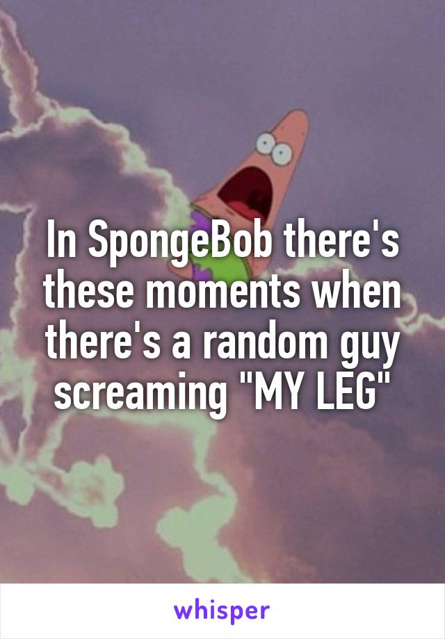 In SpongeBob there's these moments when there's a random guy screaming "MY LEG"