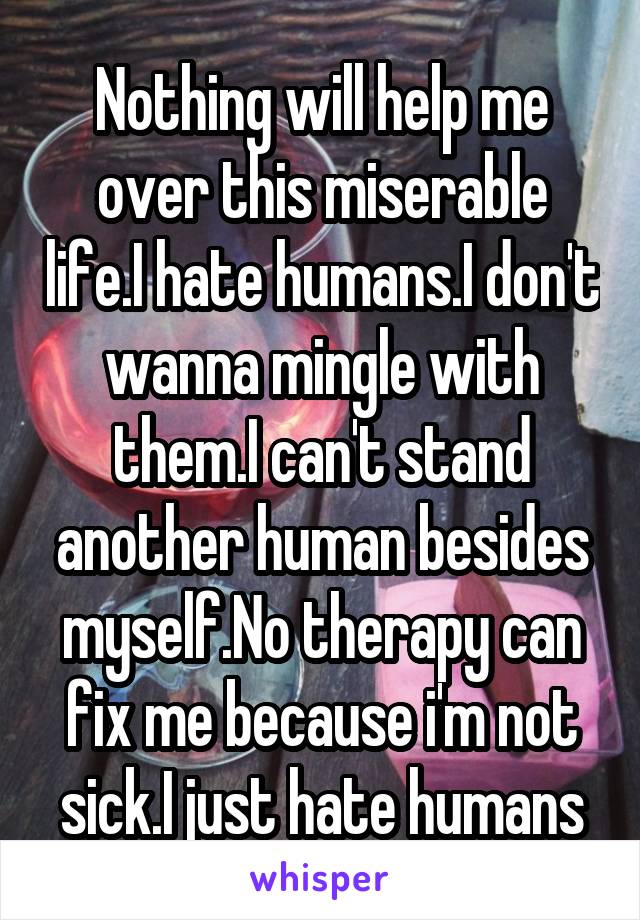 Nothing will help me over this miserable life.I hate humans.I don't wanna mingle with them.I can't stand another human besides myself.No therapy can fix me because i'm not sick.I just hate humans