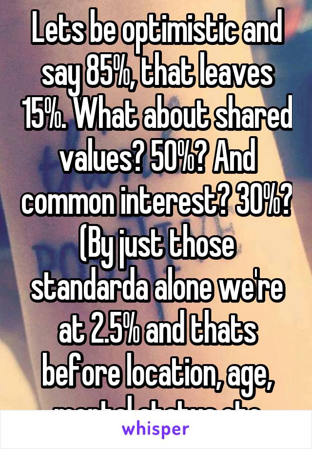 Lets be optimistic and say 85%, that leaves 15%. What about shared values? 50%? And common interest? 30%? (By just those standarda alone we're at 2.5% and thats before location, age, mental status,etc