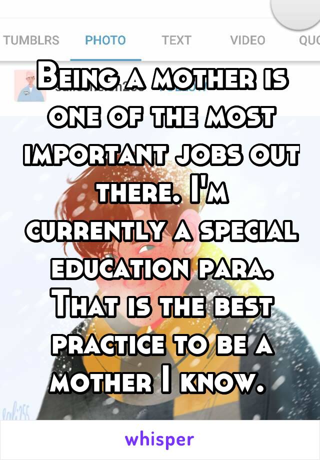 Being a mother is one of the most important jobs out there. I'm currently a special education para. That is the best practice to be a mother I know. 