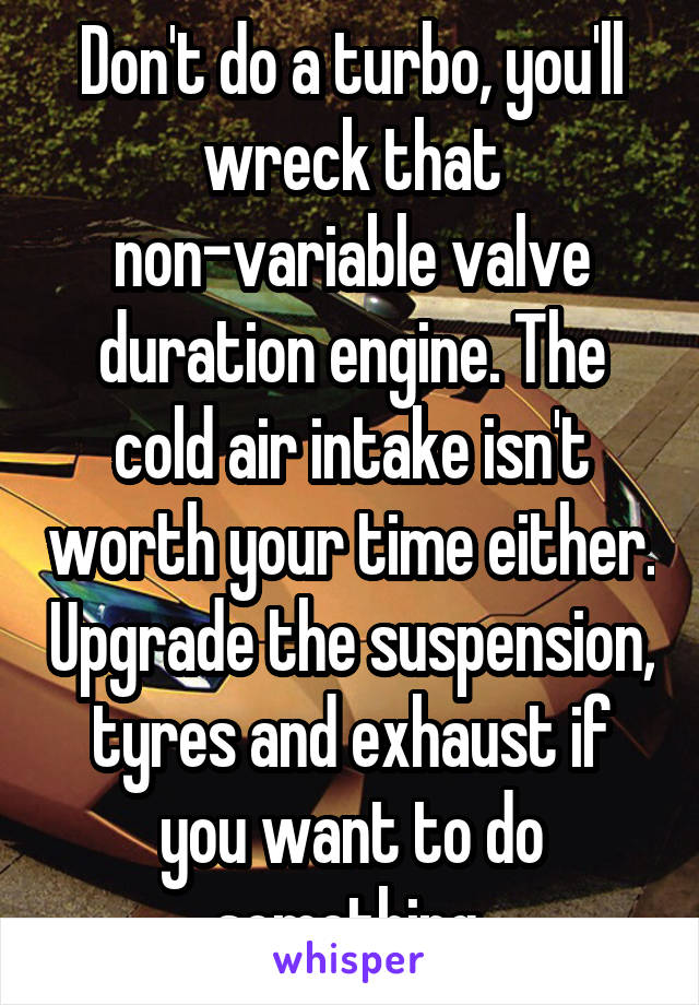 Don't do a turbo, you'll wreck that non-variable valve duration engine. The cold air intake isn't worth your time either. Upgrade the suspension, tyres and exhaust if you want to do something.