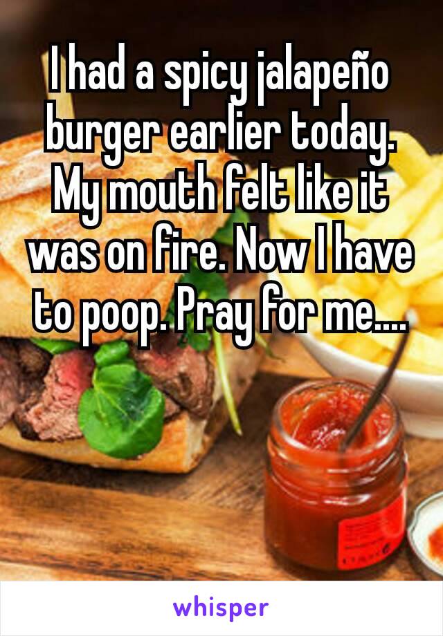 I had a spicy jalapeño burger earlier today. My mouth felt like it was on fire. Now I have to poop. Pray for me....