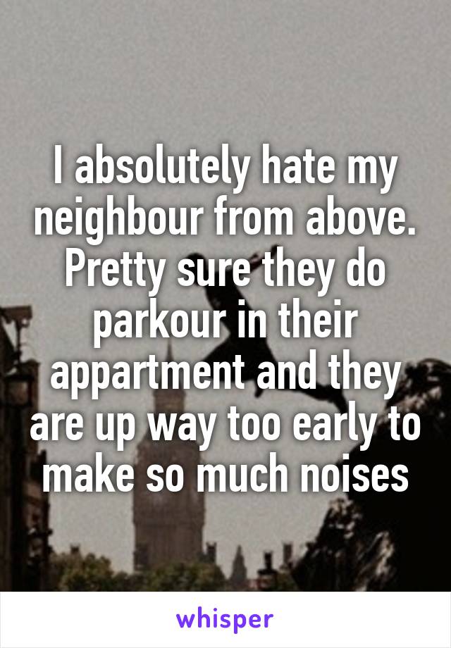 I absolutely hate my neighbour from above. Pretty sure they do parkour in their appartment and they are up way too early to make so much noises
