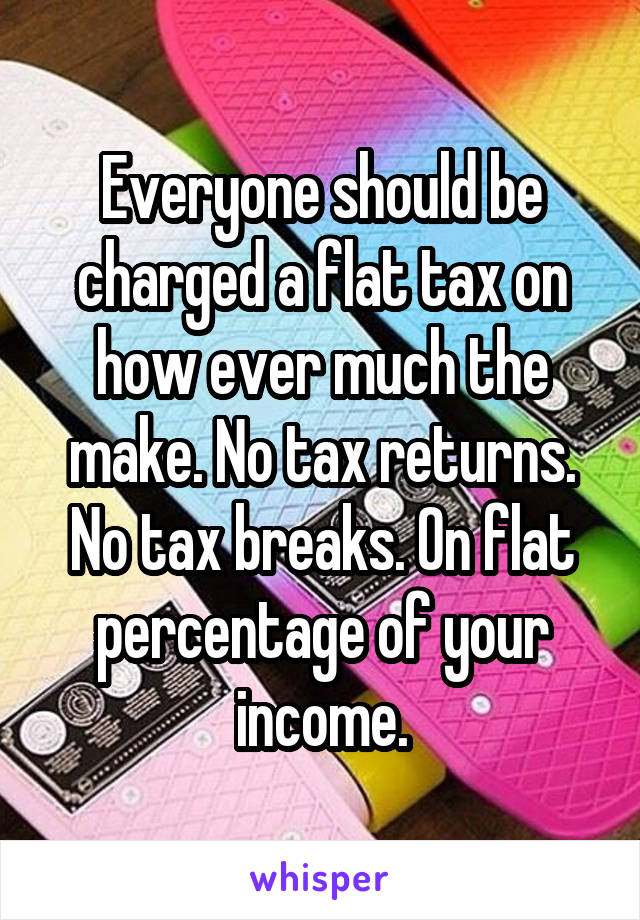 Everyone should be charged a flat tax on how ever much the make. No tax returns. No tax breaks. On flat percentage of your income.