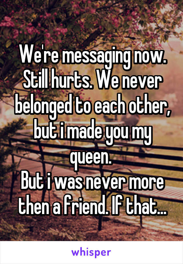 We're messaging now.
Still hurts. We never belonged to each other, but i made you my queen. 
But i was never more then a friend. If that...