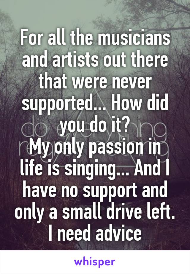 For all the musicians and artists out there that were never supported... How did you do it?
My only passion in life is singing... And I have no support and only a small drive left. I need advice