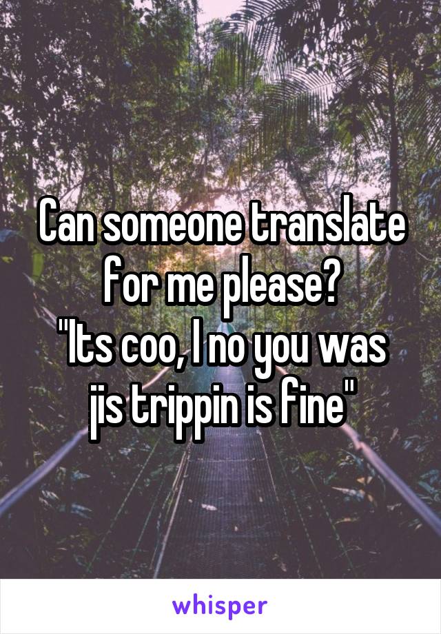 Can someone translate for me please?
"Its coo, I no you was jis trippin is fine"
