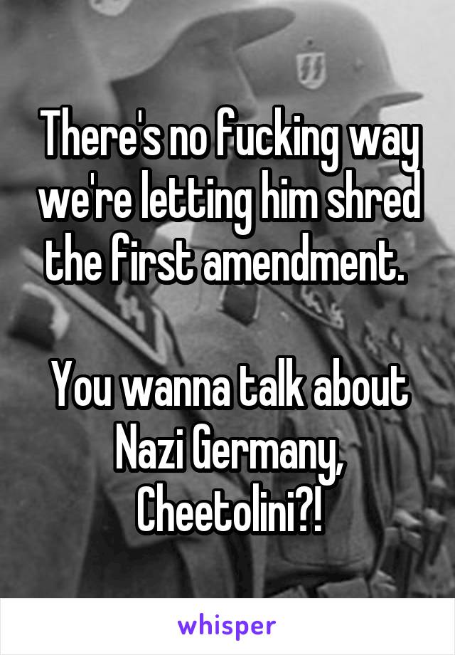 There's no fucking way we're letting him shred the first amendment. 

You wanna talk about Nazi Germany, Cheetolini?!