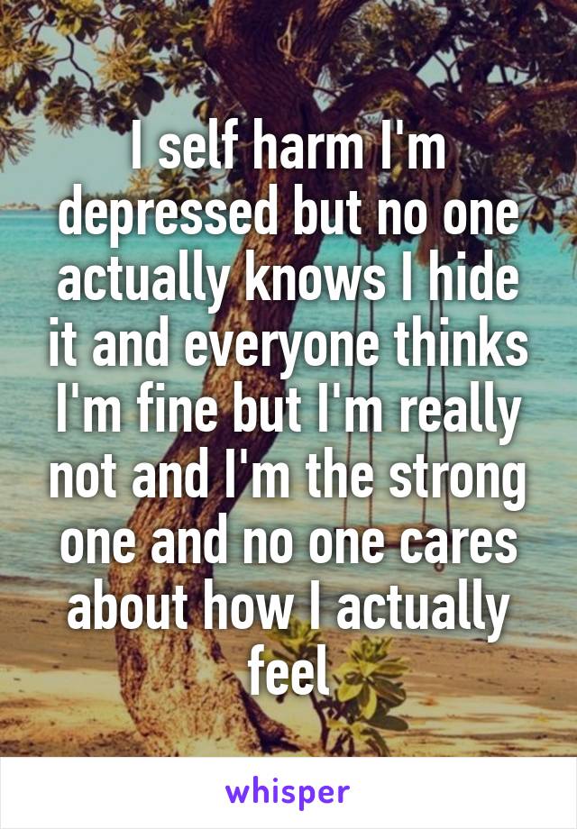 I self harm I'm depressed but no one actually knows I hide it and everyone thinks I'm fine but I'm really not and I'm the strong one and no one cares about how I actually feel