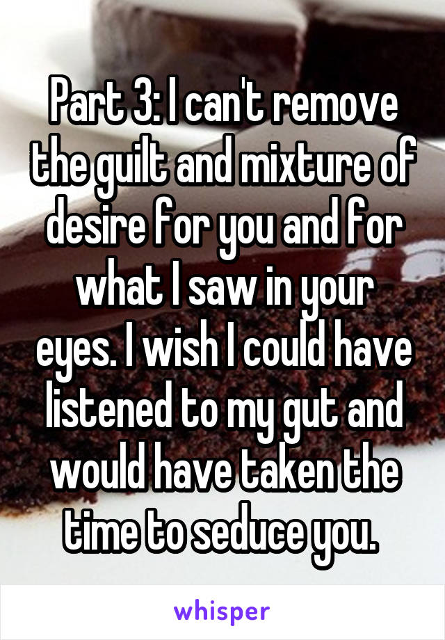 Part 3: I can't remove the guilt and mixture of desire for you and for what I saw in your eyes. I wish I could have listened to my gut and would have taken the time to seduce you. 