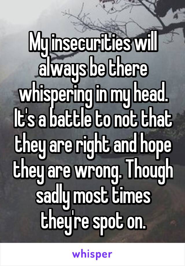 My insecurities will always be there whispering in my head. It's a battle to not that they are right and hope they are wrong. Though sadly most times they're spot on.
