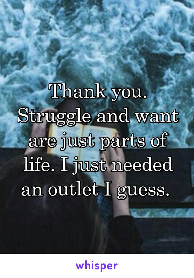 Thank you. Struggle and want are just parts of life. I just needed an outlet I guess. 