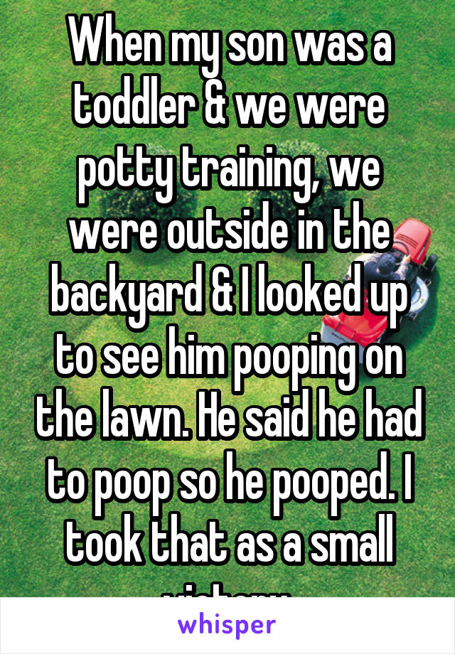When my son was a toddler & we were potty training, we were outside in the backyard & I looked up to see him pooping on the lawn. He said he had to poop so he pooped. I took that as a small victory 