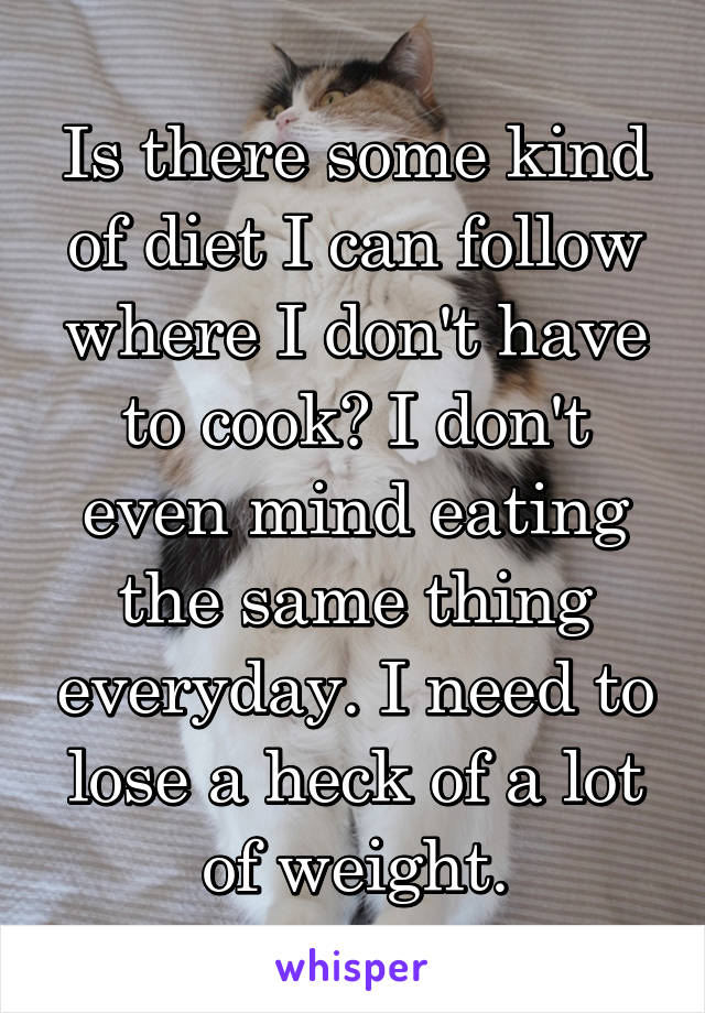 Is there some kind of diet I can follow where I don't have to cook? I don't even mind eating the same thing everyday. I need to lose a heck of a lot of weight.