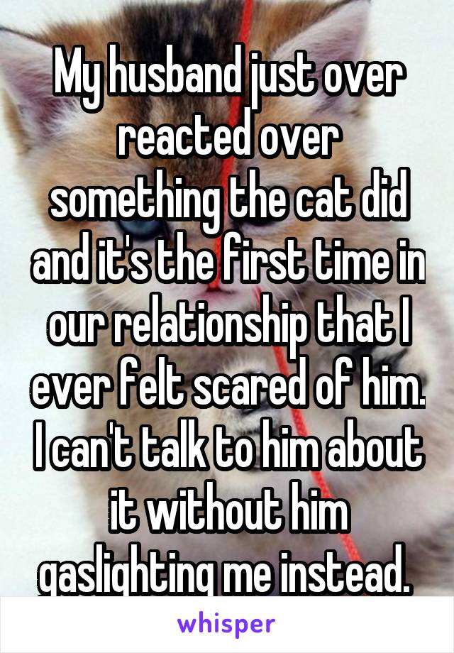 My husband just over reacted over something the cat did and it's the first time in our relationship that I ever felt scared of him. I can't talk to him about it without him gaslighting me instead. 